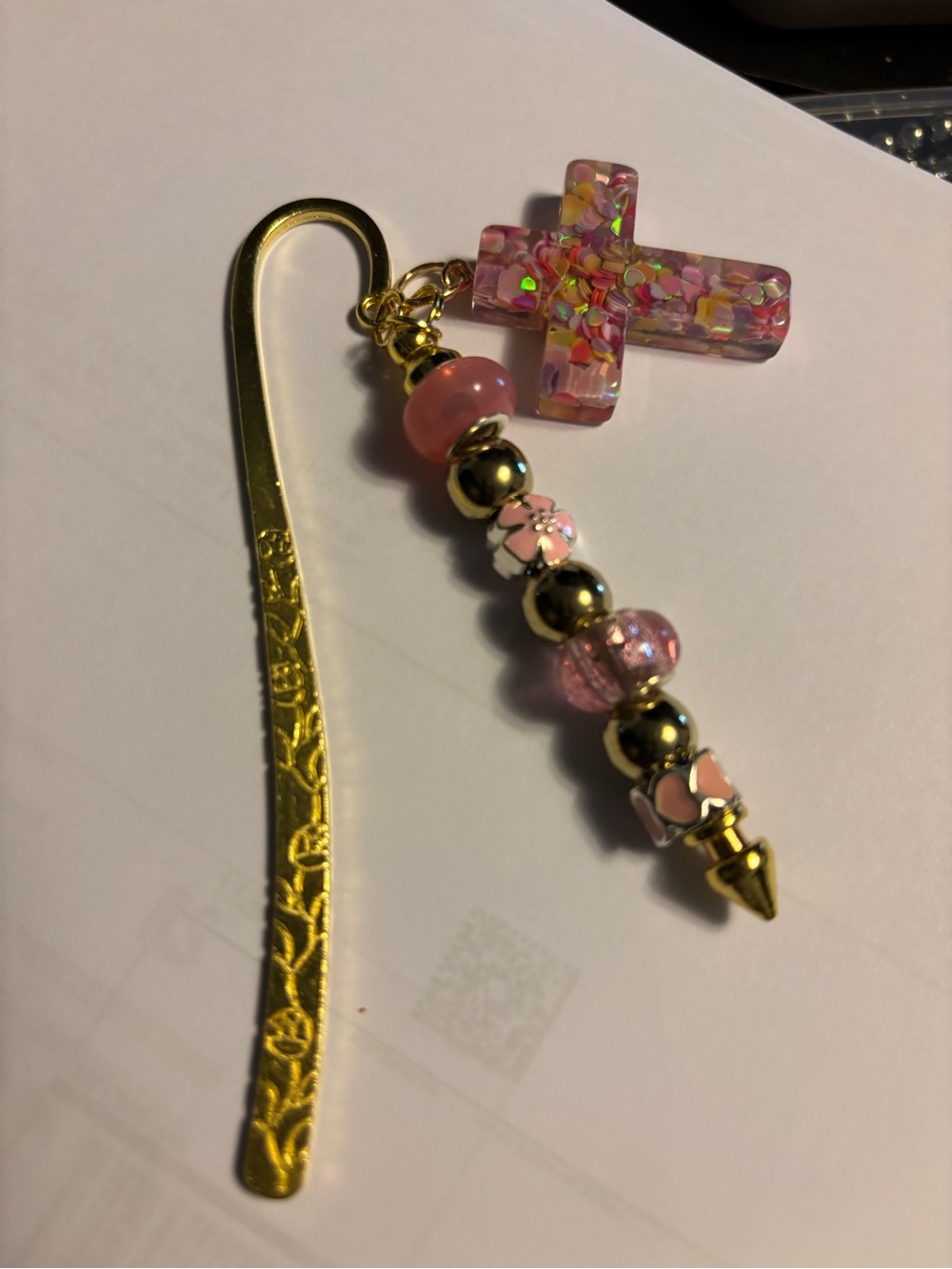Gold Floral Metal Bookmark with Pink Bead and Confetti Cross Charm